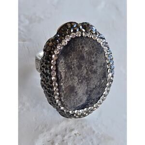Vintage N-TR Sterling Silver Gray Druzy Quartz Crystal Marcasite Ring SZ 8.25